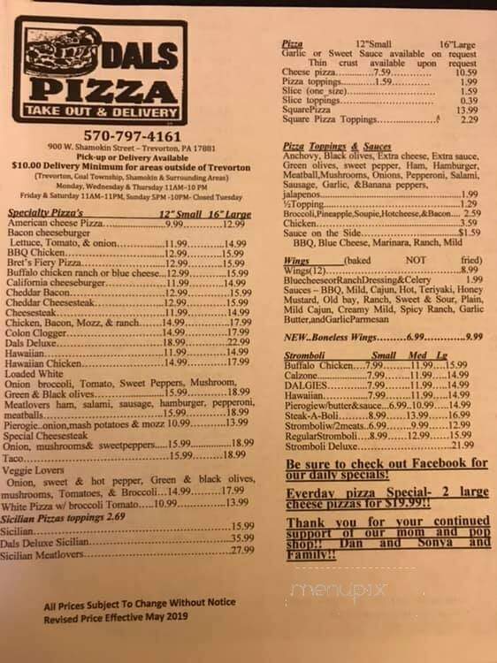 Dals Pizza - Trevorton, PA menu_pic