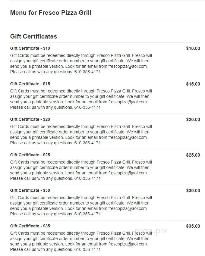 Fresco Pizza & Grill - Newtown Square, PA menu_pic