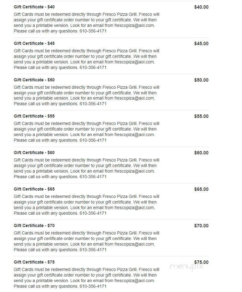 Fresco Pizza & Grill - Newtown Square, PA menu_pic