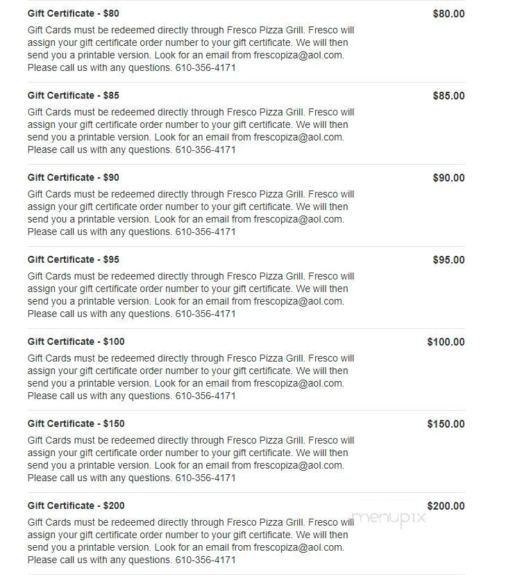 Fresco Pizza & Grill - Newtown Square, PA menu_pic