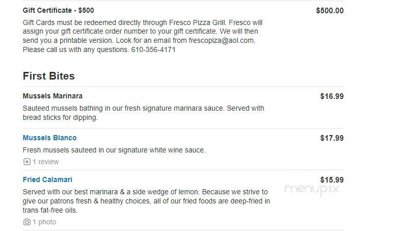 Fresco Pizza & Grill - Newtown Square, PA menu_pic