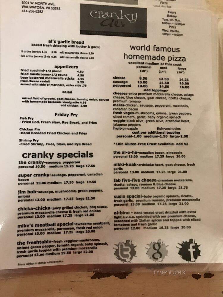 Cranky Al's Bakery & Pizza - Milwaukee, WI menu_pic