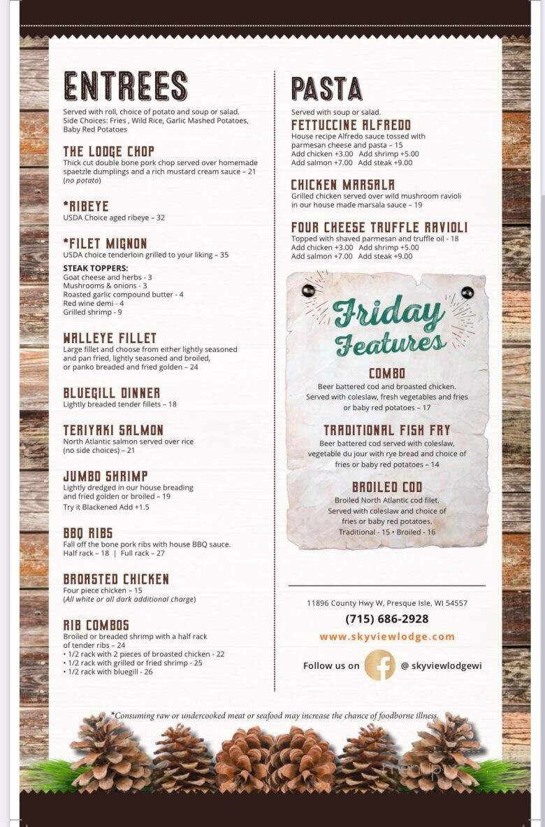 Sky-View Lodge & Supper Club - Presque Isle, WI menu_pic