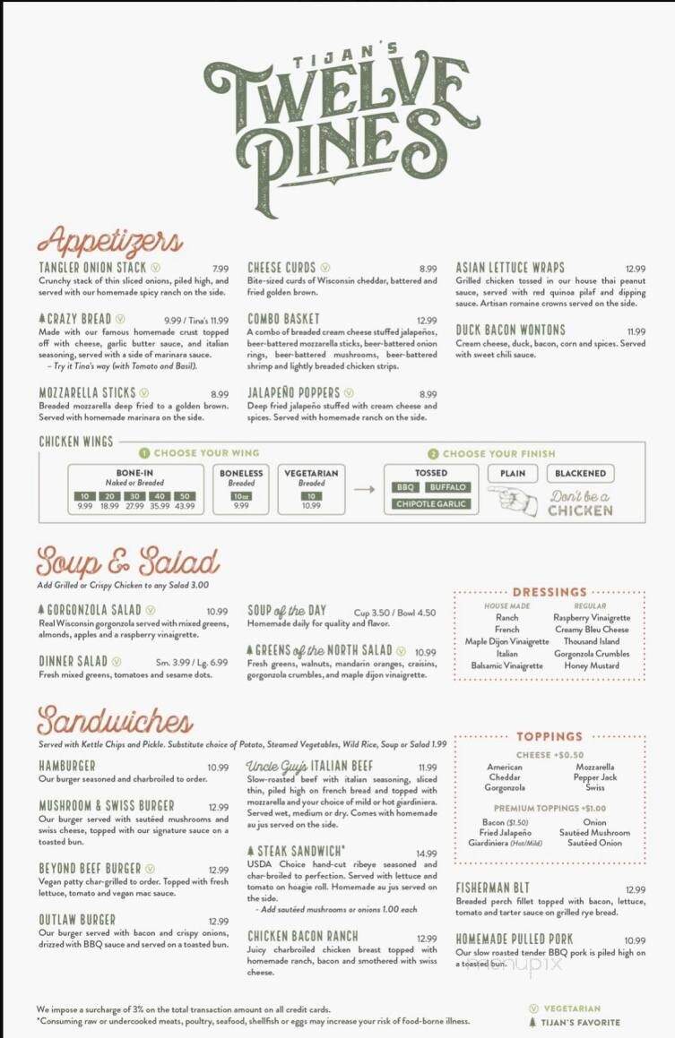 Twelve Pines Restaurant Bar - Eagle River, WI menu_pic