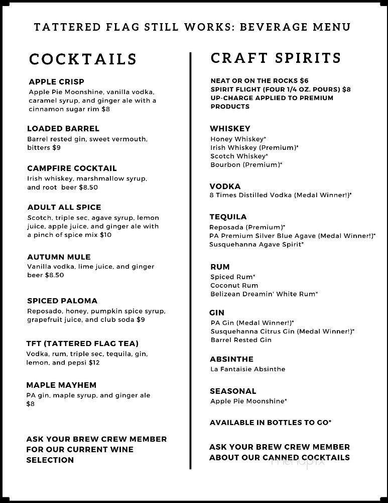 Tattered Flag Brewery & Still Works - Middletown, PA menu_pic