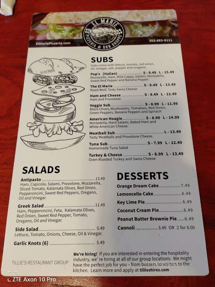 The El Marie's Pizzaria and Sub Shoppe - Eustis, FL menu_pic