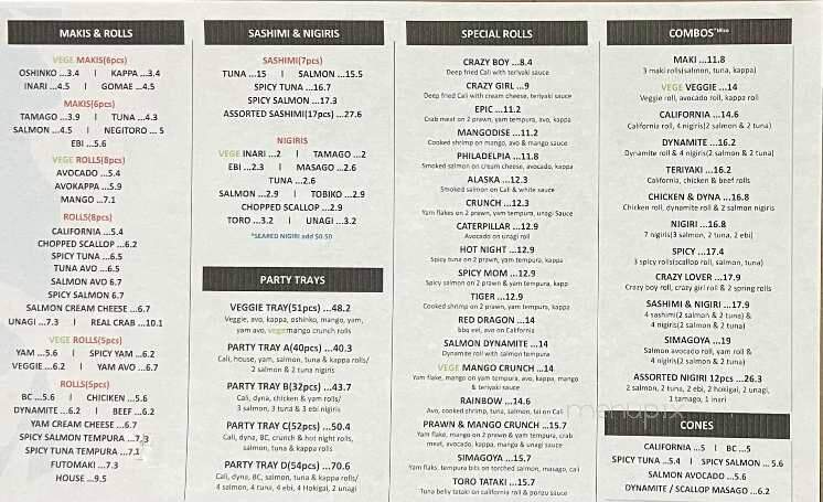 Sushi Simagoya - New Westminster, BC menu_pic