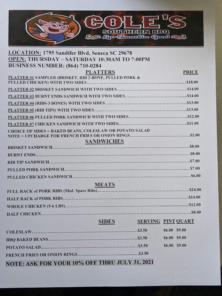 Cole's Southern BBQ - Seneca, South Carolina, SC menu_pic