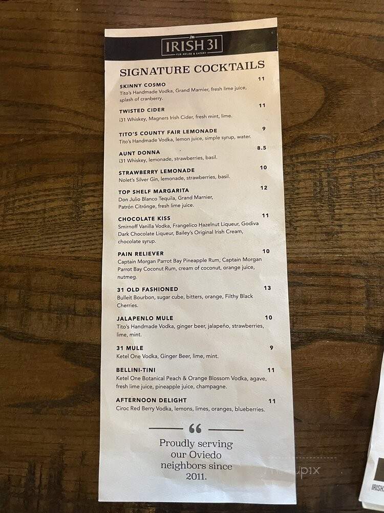 Irish 31 - Oviedo, FL menu_pic