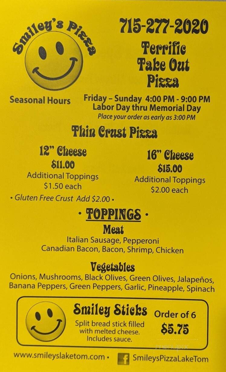 Smiley's Pizza - Lake Tomahawk, WI menu_pic