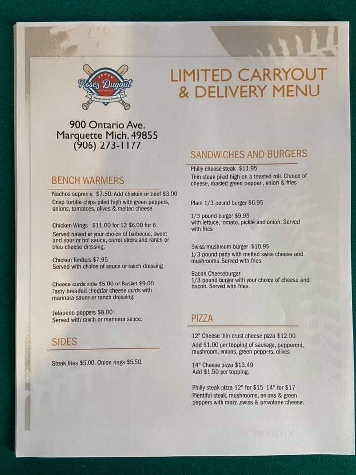 Rose's Dugout Bar & Grill - Marquette, MI menu_pic