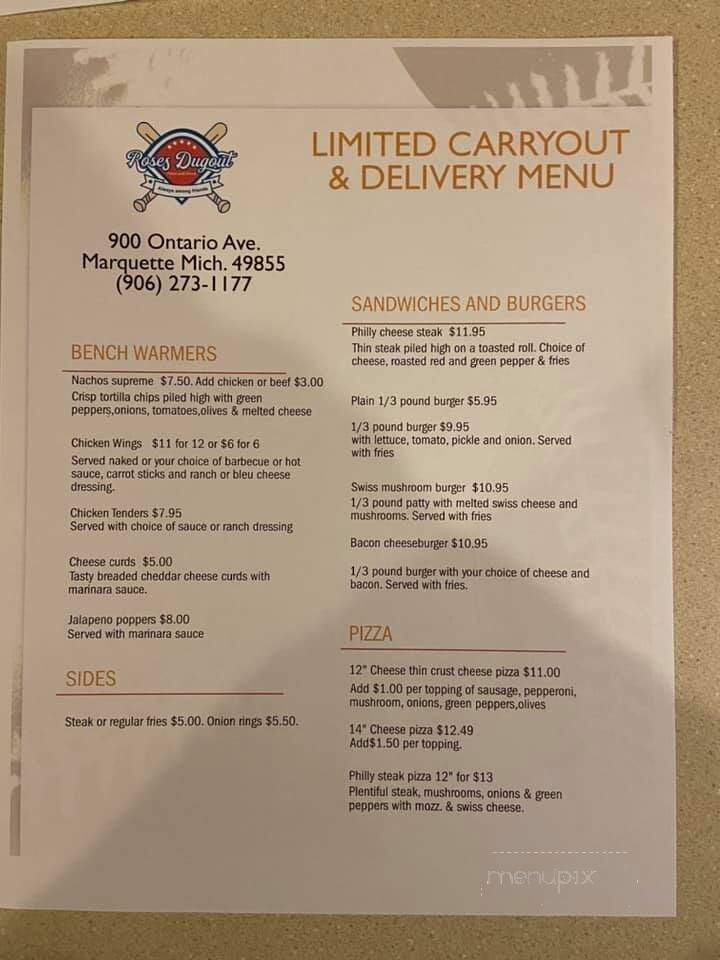 Rose's Dugout Bar & Grill - Marquette, MI menu_pic