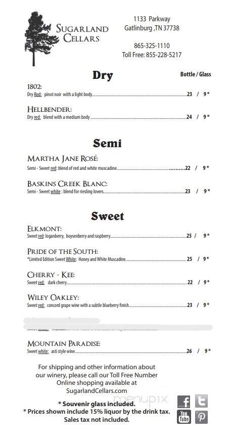 Sugarland Cellars - Gatlinburg, TN menu_pic