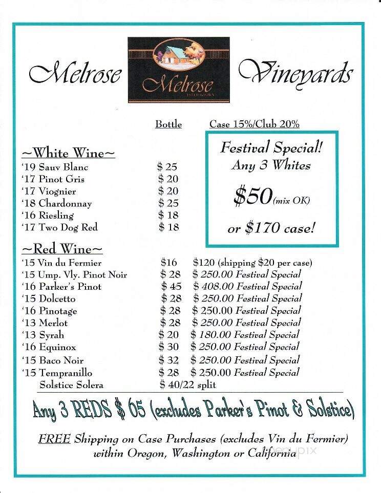 Melrose Vinyards - Roseburg, OR menu_pic