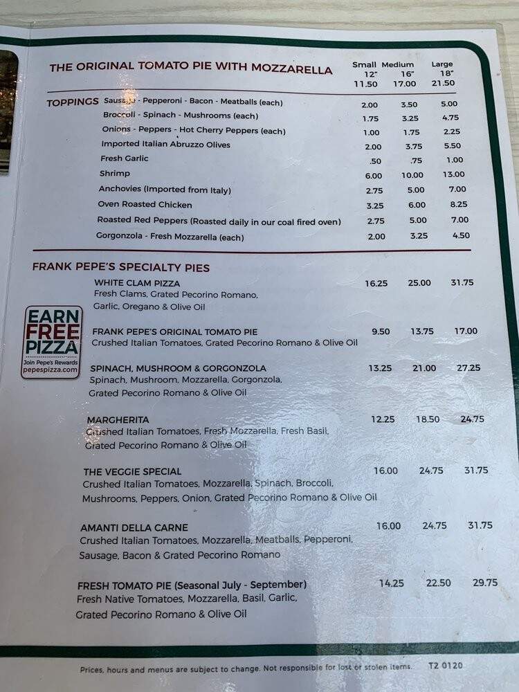 Frank Pepe Pizzeria - Uncasville, CT menu_pic
