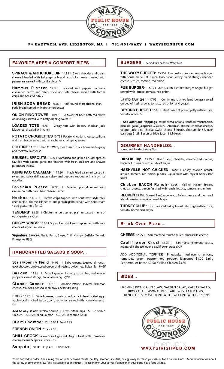 Waxy O'Connor's Irish Pub - Lexington, MA menu_pic