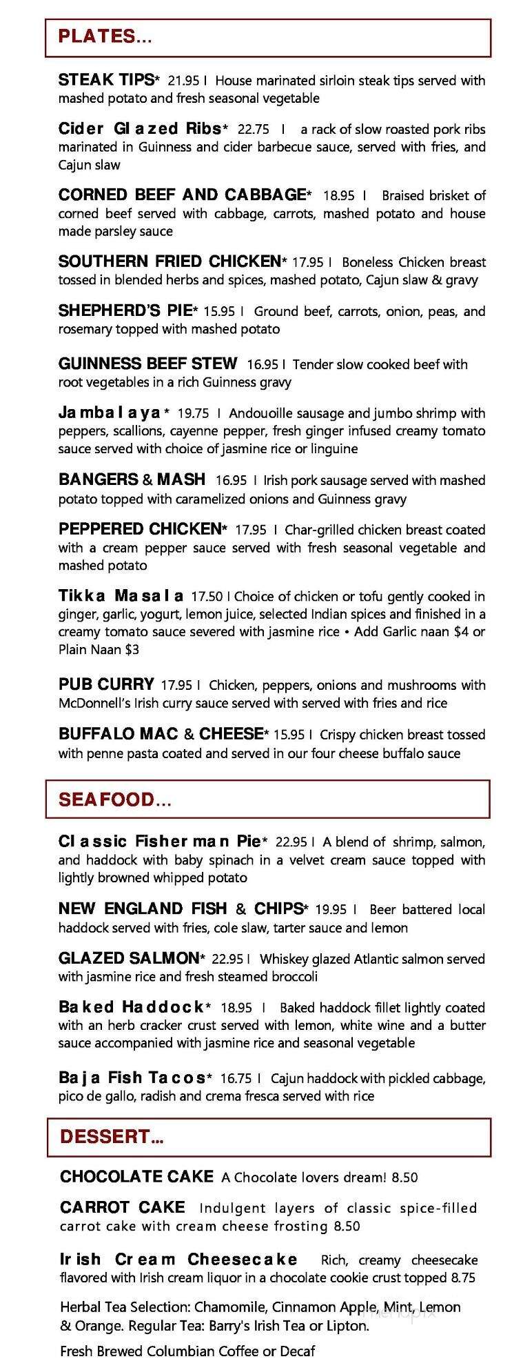 Waxy O'Connor's Irish Pub - Lexington, MA menu_pic