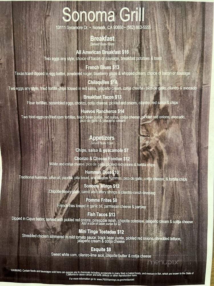 Sonoma Grill - Norwalk, CA menu_pic