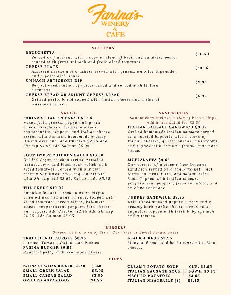 Farinas Winery and Cafe - Grapevine, TX menu_pic