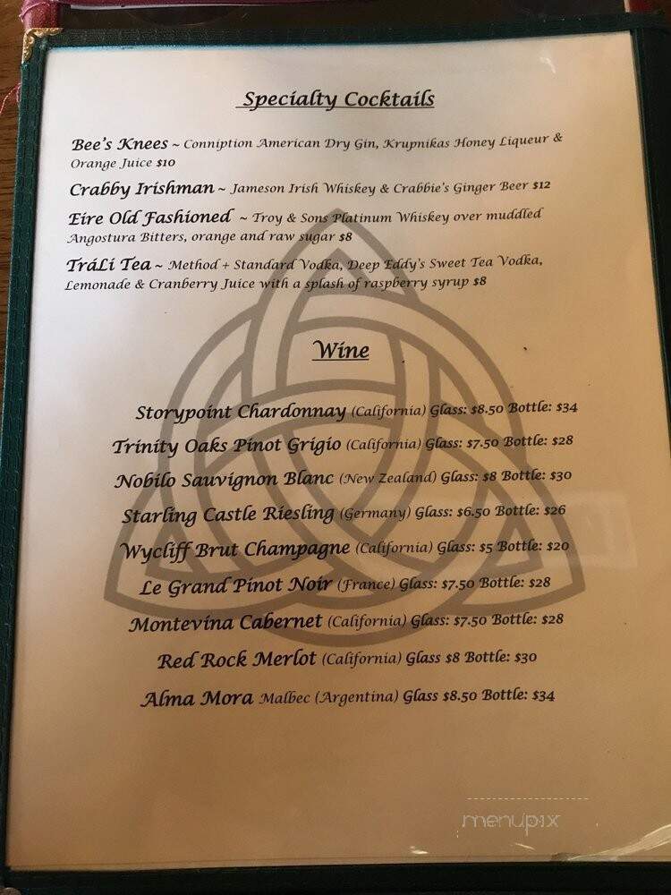 Trali Irish Pub and Restaurant - Raleigh, NC menu_pic