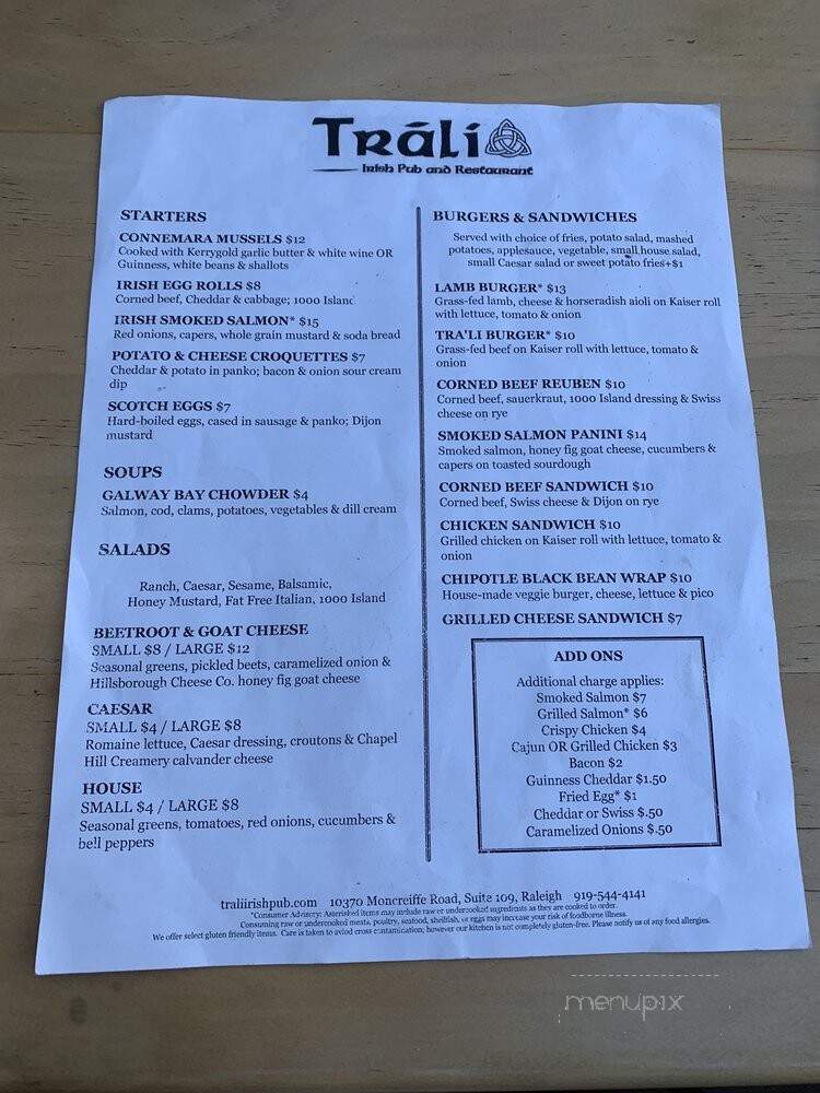 Trali Irish Pub and Restaurant - Raleigh, NC menu_pic
