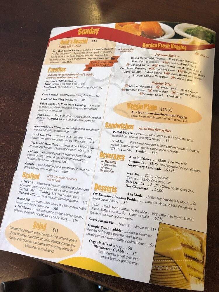 Busy Bee Cafe - Atlanta, GA menu_pic