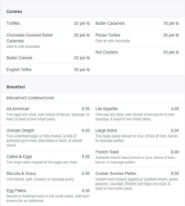 Costas' Candies & Restaurant - Owatonna, MN menu_pic