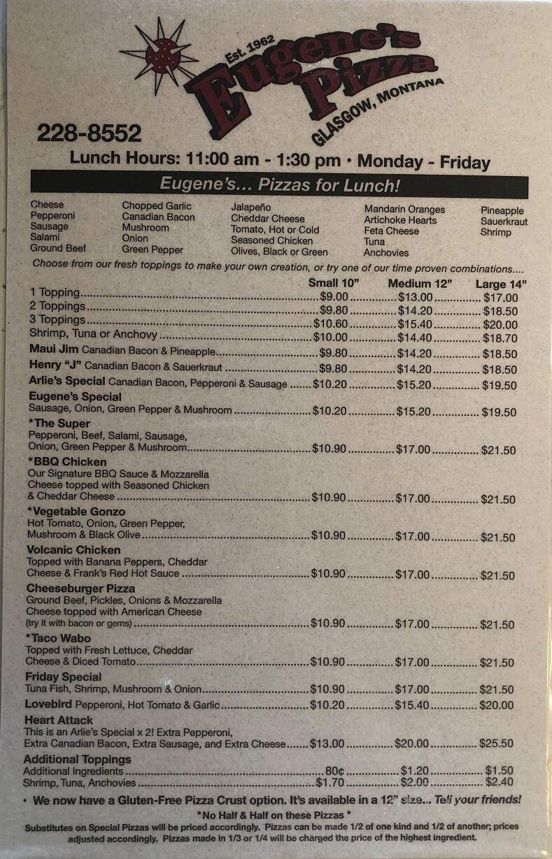 Eugene's Pizza - Glasgow, MT menu_pic