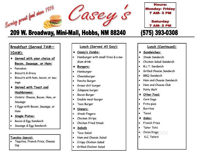 Casey's Restaurant - Hobbs, NM menu_pic