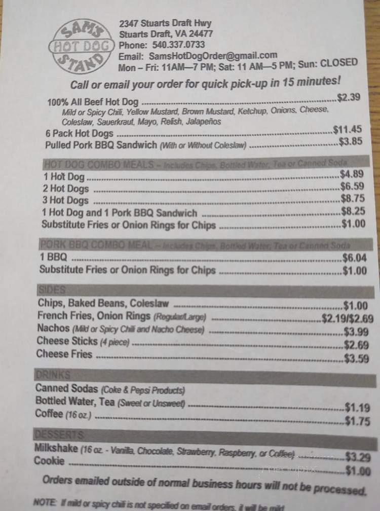 Sam's Hot Dogs - Stuarts Draft, VA menu_pic
