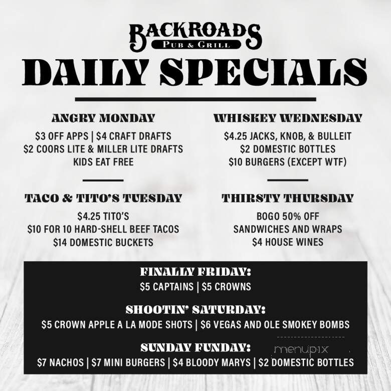 Backroads Pub and Grill - Plainfield, IL menu_pic