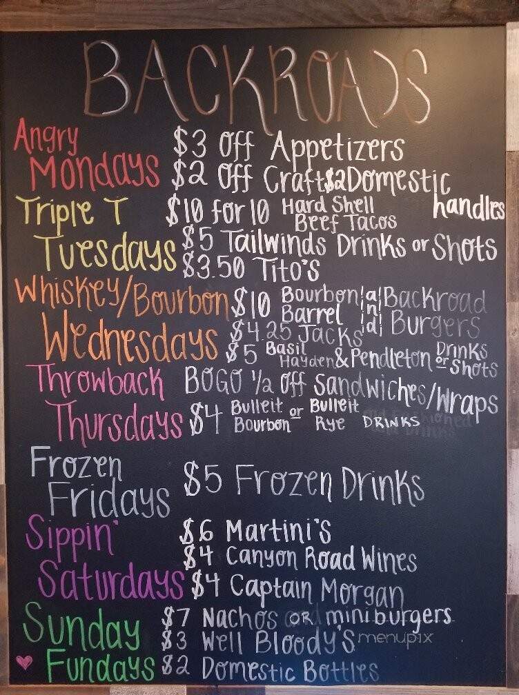 Backroads Pub and Grill - Plainfield, IL menu_pic