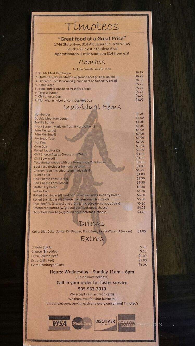 Timoteo's Food Shack - Albuquerque, NM menu_pic