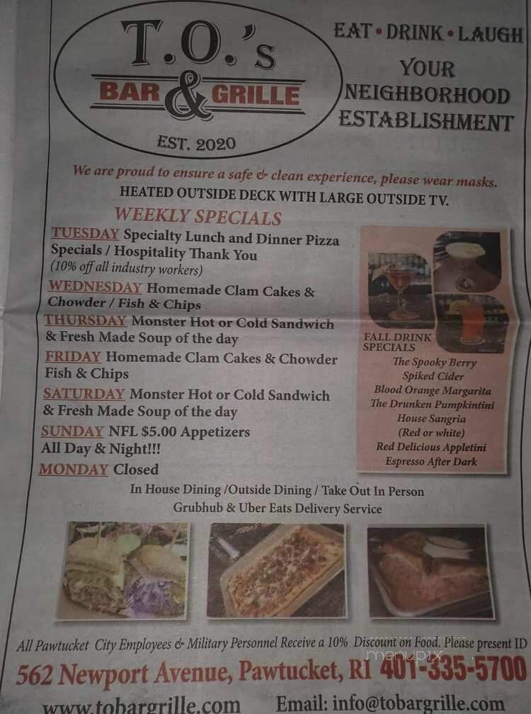 TO's Bar and Grille - Pawtucket, RI menu_pic