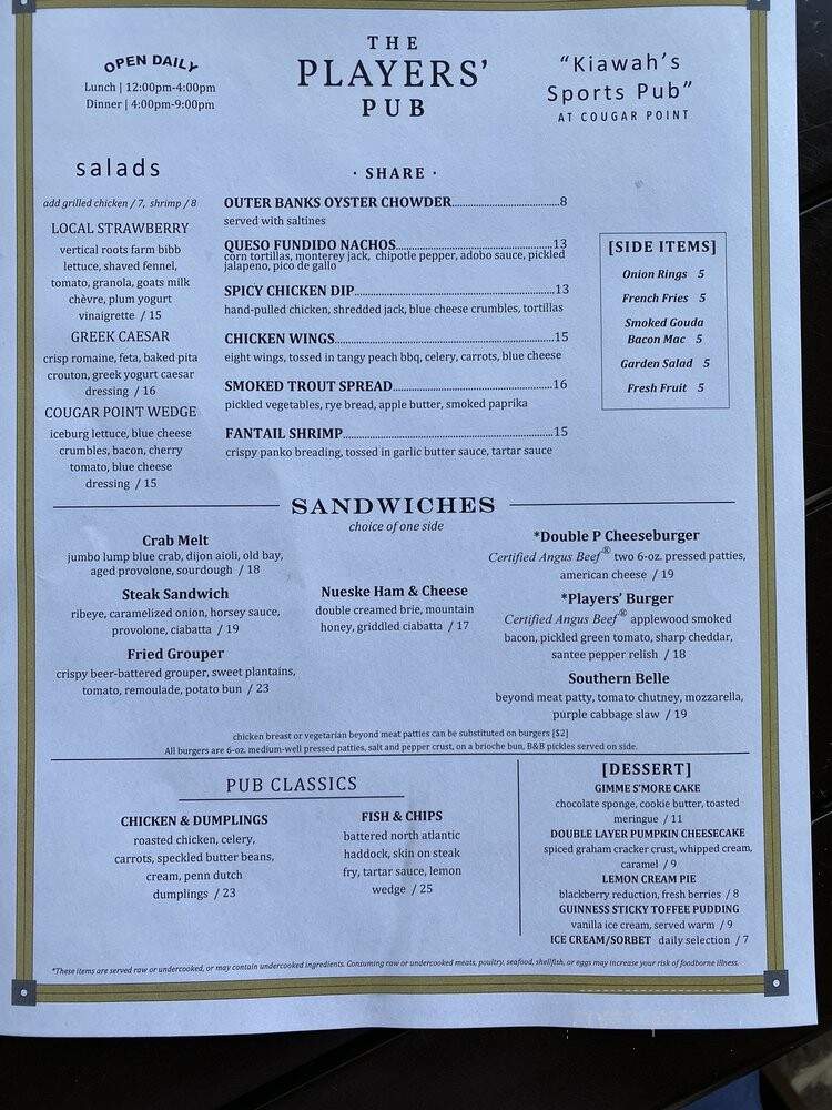 Player's Pub - Kiawah Island, SC menu_pic