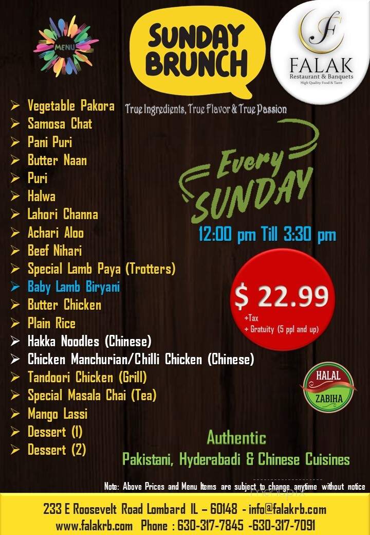 Falak Restaurant and Banquets - Lombard, IL menu_pic
