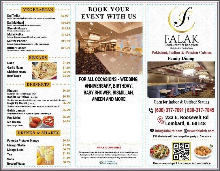 Falak Restaurant and Banquets - Lombard, IL menu_pic