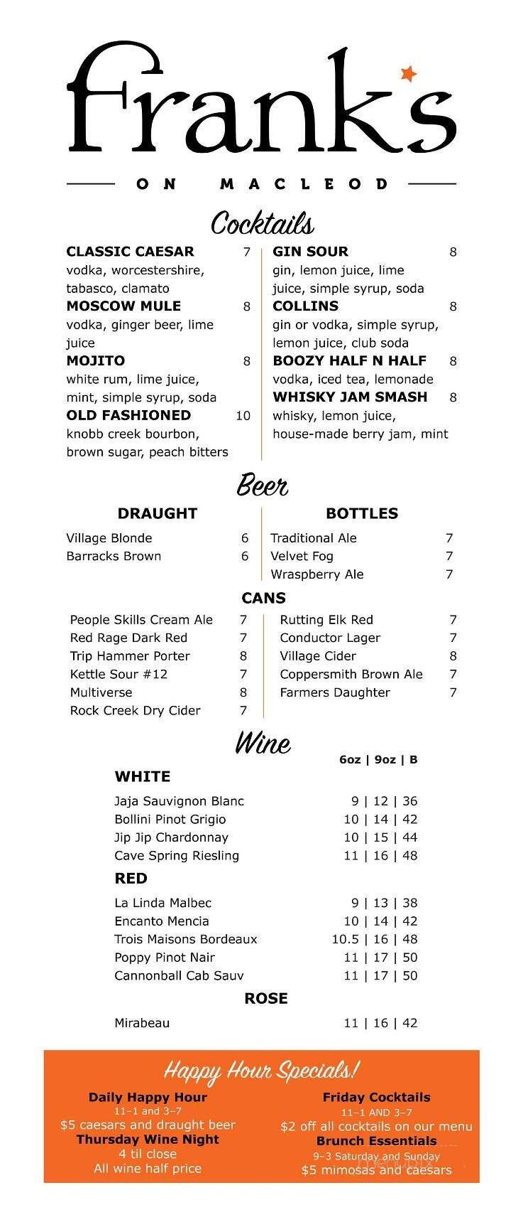 Frank's on Macleod - Calgary, AB menu_pic
