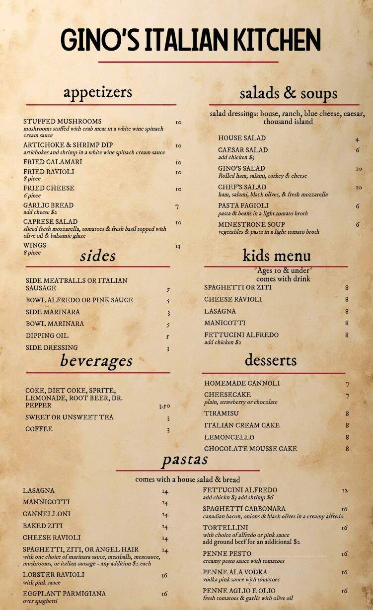 Gino's Italian Kitchen - Hallsville, TX menu_pic