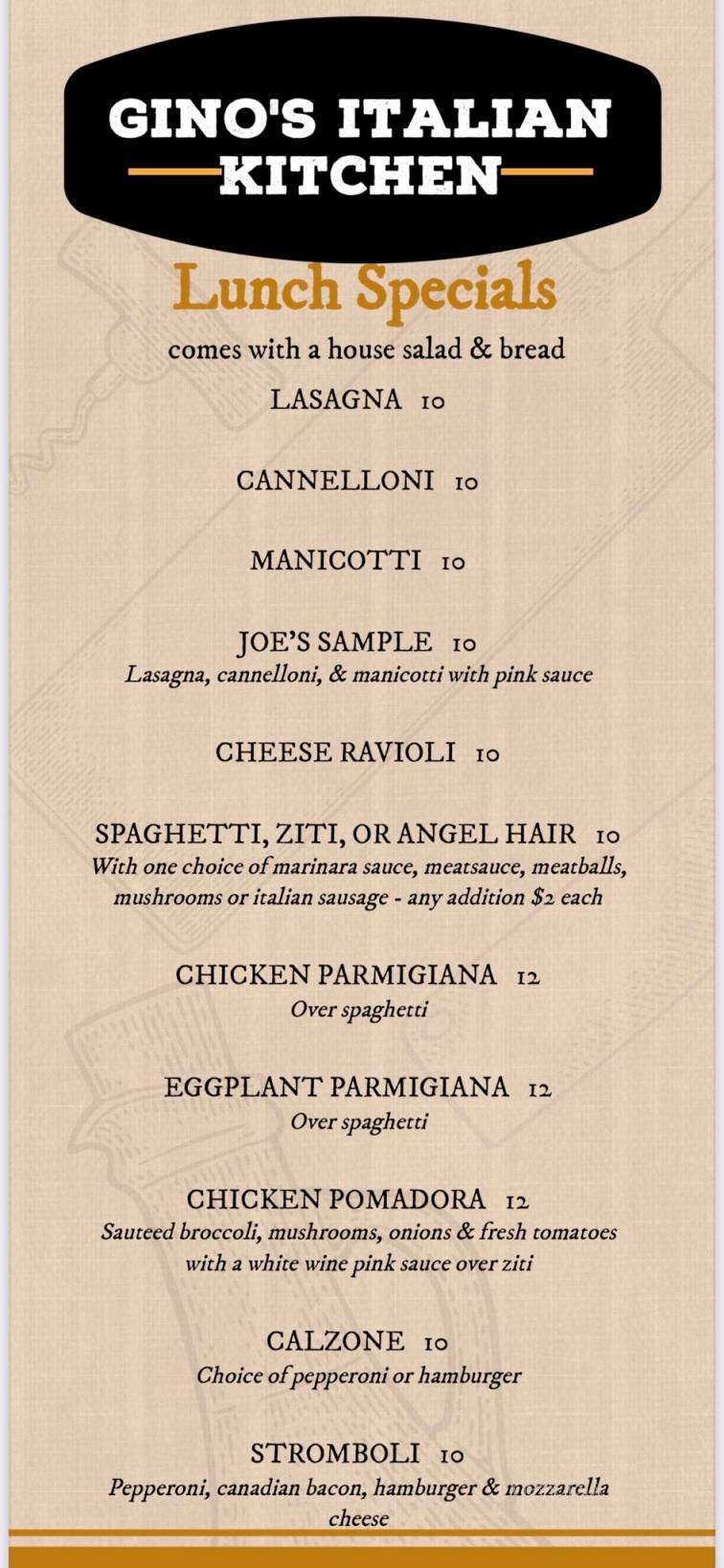 Gino's Italian Kitchen - Hallsville, TX menu_pic
