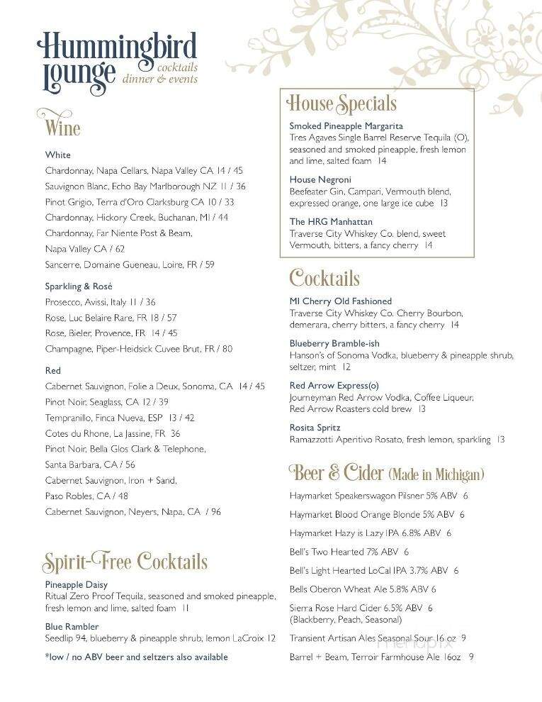 Hummingbird Lounge - New Buffalo, MI menu_pic