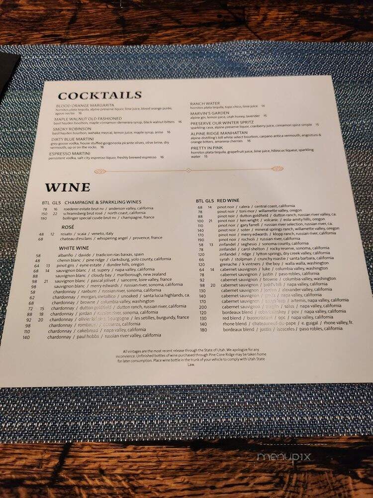 Pine Cone Ridge - Park City, UT menu_pic