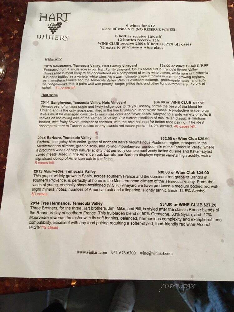 Hart Winery - Temecula, CA menu_pic