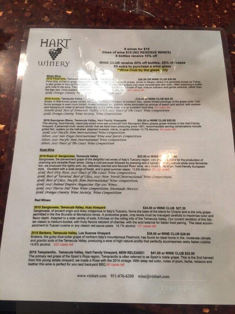 Hart Winery - Temecula, CA menu_pic
