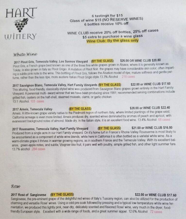 Hart Winery - Temecula, CA menu_pic