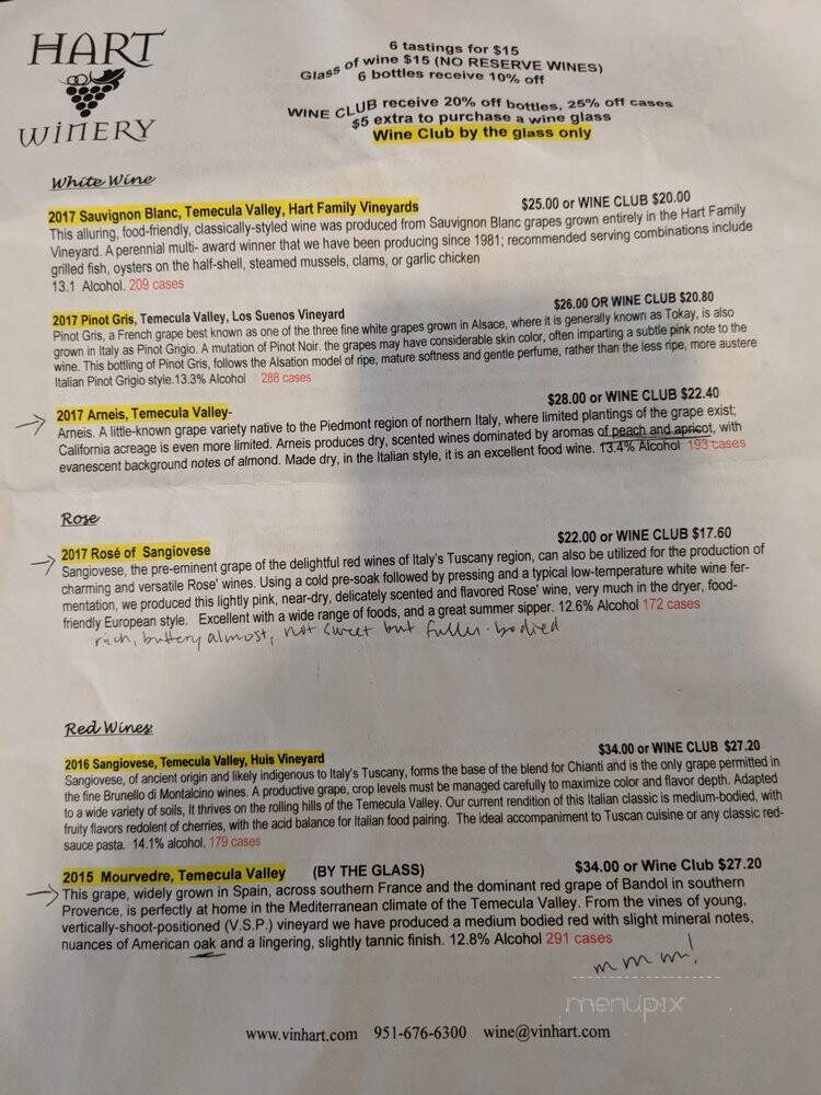 Hart Winery - Temecula, CA menu_pic