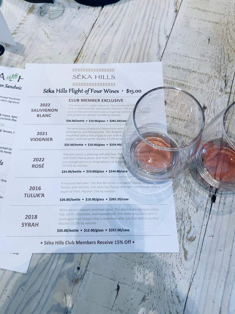 Seka Hills Tasting Room - Brooks, CA menu_pic