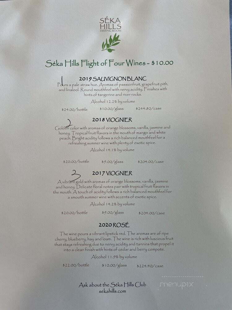 Seka Hills Tasting Room - Brooks, CA menu_pic