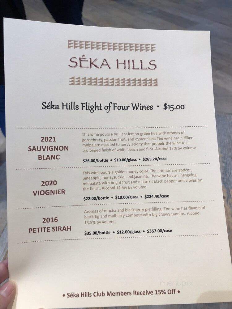 Seka Hills Tasting Room - Brooks, CA menu_pic