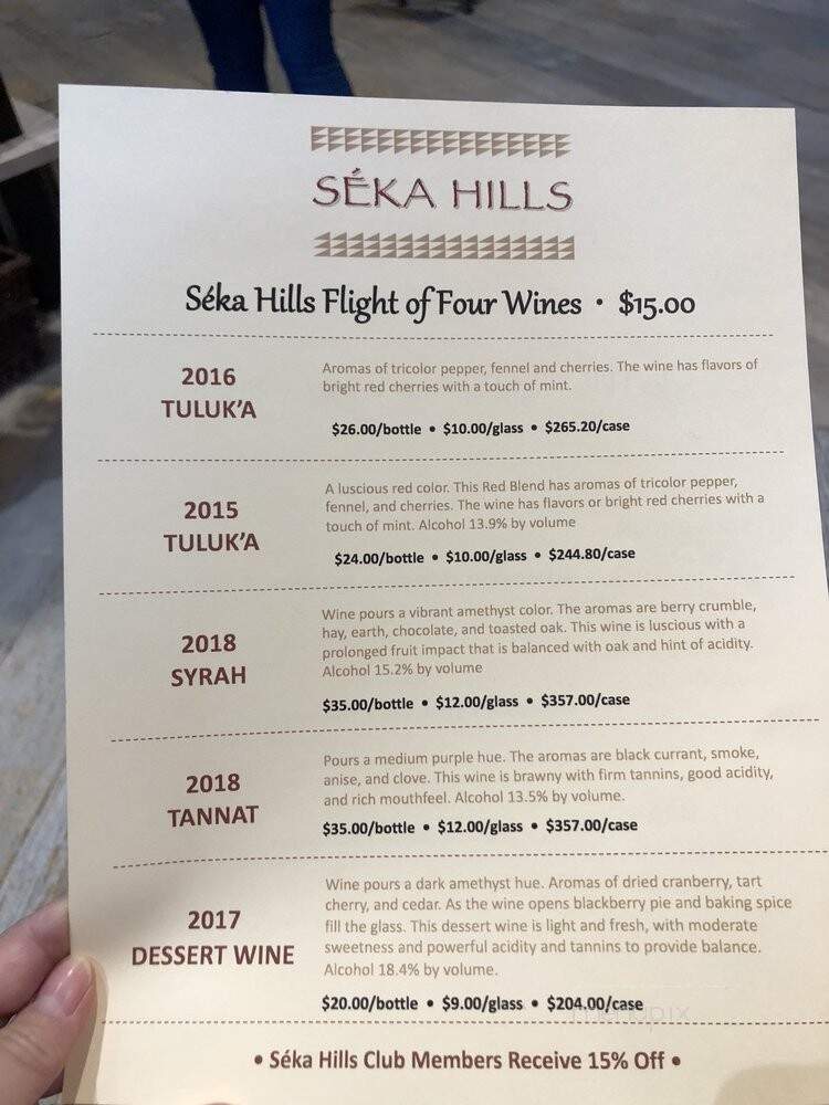 Seka Hills Tasting Room - Brooks, CA menu_pic